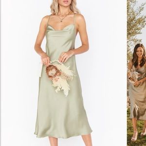 Show Me Your Mumu Verona Cowl Dress Moss Green Luxe Satin